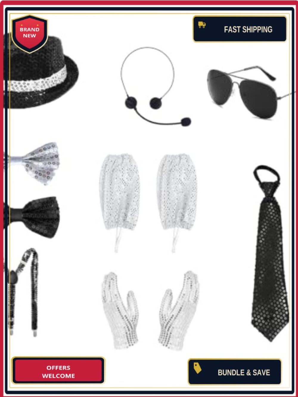 9 Pc Sequin Disco Costume Set Hat Suspenders Ties Gloves Leg Warmers